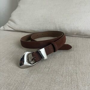 Brown Suede/Nubuck Belt with Silver Sculptural Asymmetric Buckle